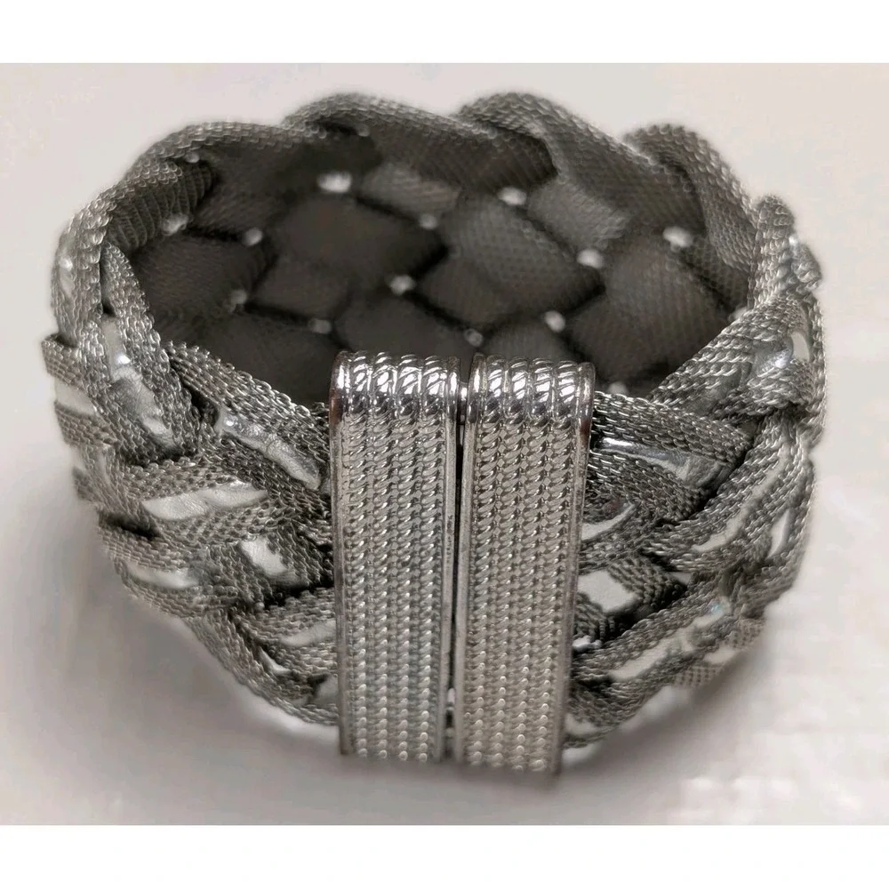 Silver‎ Tone Braided Mesh Statement Bracelet Magnetic Clasp Woven Cuff